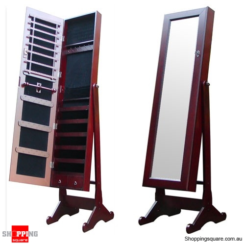 Wooden Mirrored Jewellery Full Length Cabinet Mahogany Colour