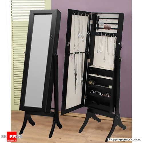 Wooden Mirrored Jewellery Full Length Storage Cabinet Black