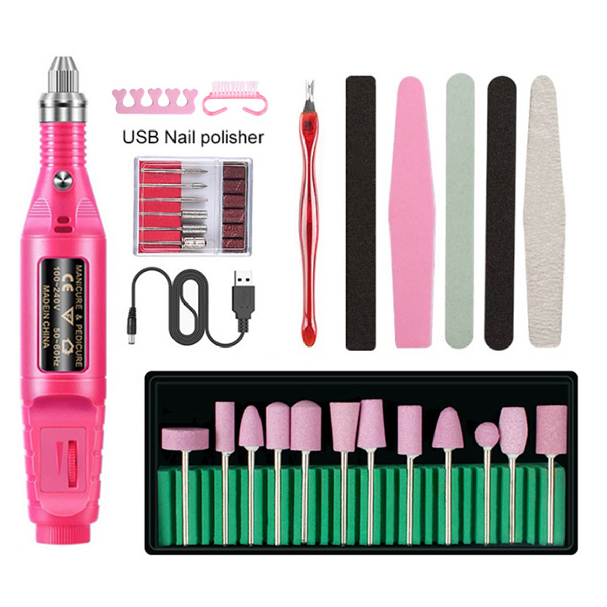 USB Electric Nail Drill Machine Nail Polisher Pen DIY Acrulic Nail Art Manicure Tools Set - Pink Colour