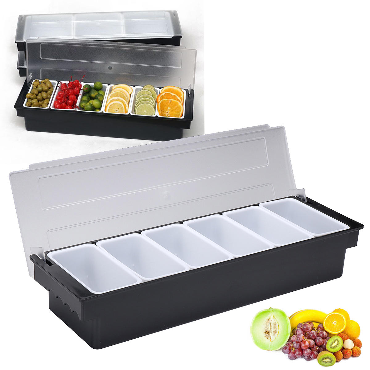 6 Compartment Divided Fruit Food Storage Case Box Kitchen Storage Container Garnish Crisper