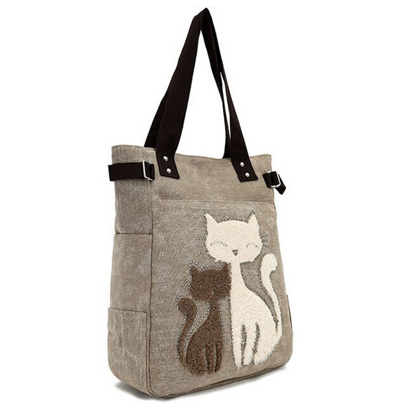 Women&#39;s Cute Canvas Handbag Shoulder Bag Tote with Two Cats Grey Colour - Online Shopping ...