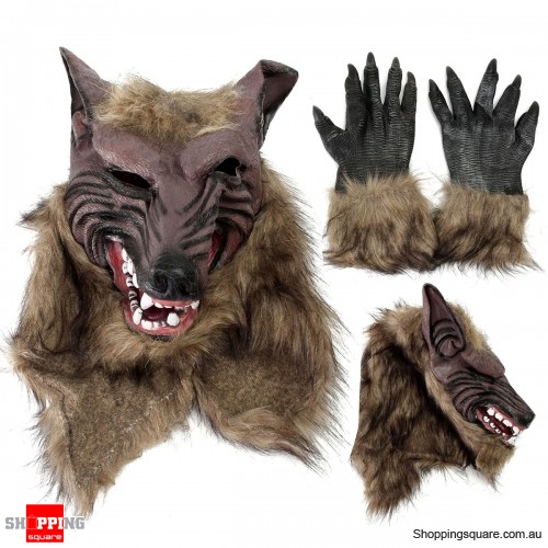 Scary Latex Rubber Wolf Werewolf Head Hair Face Mask & Gloves for Party Halloween Education Play