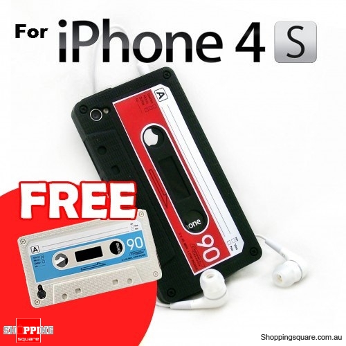 Cassette Tape Silicone Case for iPhone 4 4S Black With FREE White Case