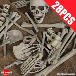 28PCS Set of Fake Human Skeleton Skull Bone Remains Corpse Grave for Haunted Halloween Decoration Props