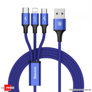 Baseus 3 in 1 3A Micro USB, Lightning, Type C USB Charging Data Sync Cable - Blue Colour