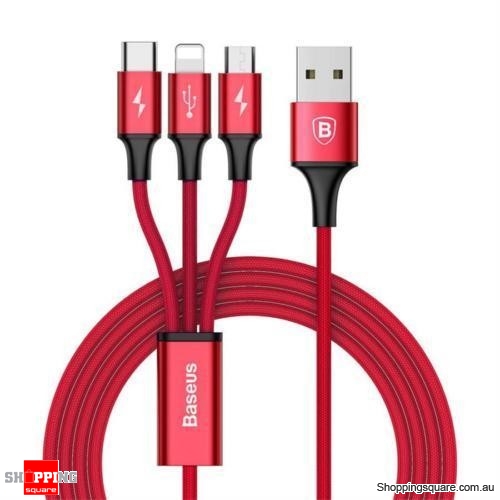 Baseus 3 in 1 3A Micro USB, Lightning, Type C USB Charging Data Sync Cable - Red Colour