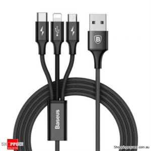 Baseus 3 in 1 3A Micro USB, Lightning, Type C USB Charging Data Sync Cable - Black Colour
