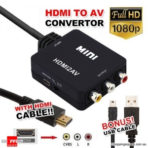 Composite AV CVBS 3RCA to HDMI Video Cable Adapter Converter for 1080p Downscaling