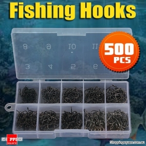 FISHING 500pcs 10 Sizes of Hooks Tackle for Freshwater Sea Fly Fishing With Box - Black Colour