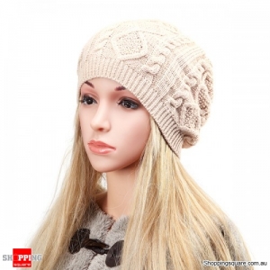 Women's Warm Soft Knit Double Helix Structure Wool Cap Hat Outdoor Autumn Winter - Beige