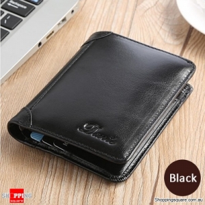 Men Genuine Leather Vintage Short Wallet Slim Card Holder - Black