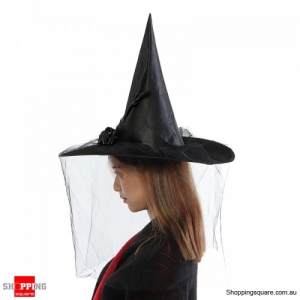 Witch Hat Spire With Veil Halloween flannel Cosplay - Black