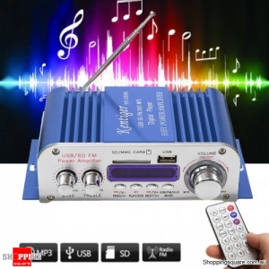2 Channel Hi-Fi Audio Stereo Mini Amplifier Car Home MP3 USB FM SD w/ Remote - Blue