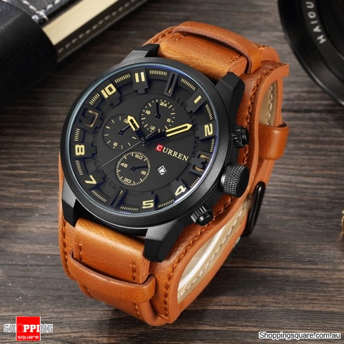 Fashion Men Quartz Wristwatch Creative Leather Strap Round Watch Date Display - Black & Brown