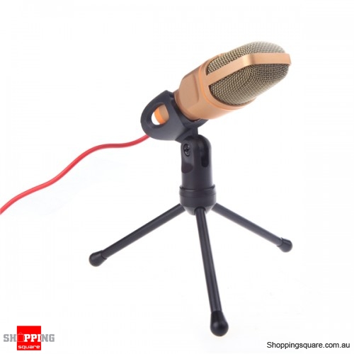 3.5mm Wired Stereo Microphone with Holder Stand Record - Gold