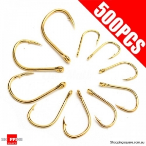 500Pcs 10-Size Perforated Hooks Box Fishing Sharpened Hook Lure Tackle Bait with case - Gold 