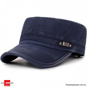 Mens Washed Cotton Flat Top Adjustable Hat Sunscreen Military Army Peaked Cap Outdoor - Navy