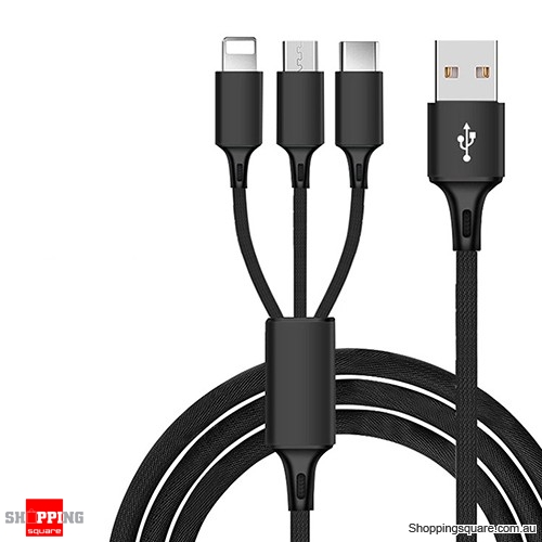 1.2M 3in1 Multi QC3.0 USB Quick Charging Cable Cord For iPhone TYPE C Android Micro USB - Black Colour
