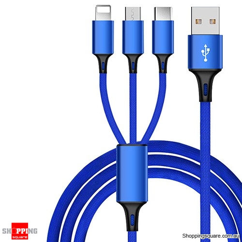 1.2M 3in1 Multi QC3.0 USB Quick Charging Cable Cord For iPhone TYPE C Android Micro USB -  Blue