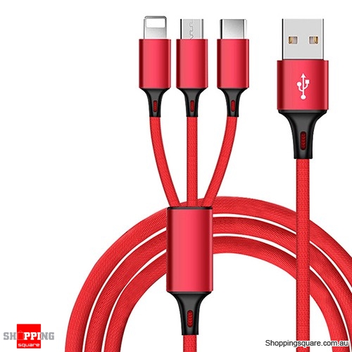 1.2M 3in1 Multi QC3.0 USB Quick Charging Cable Cord For iPhone TYPE C Android Micro USB - Red Colour