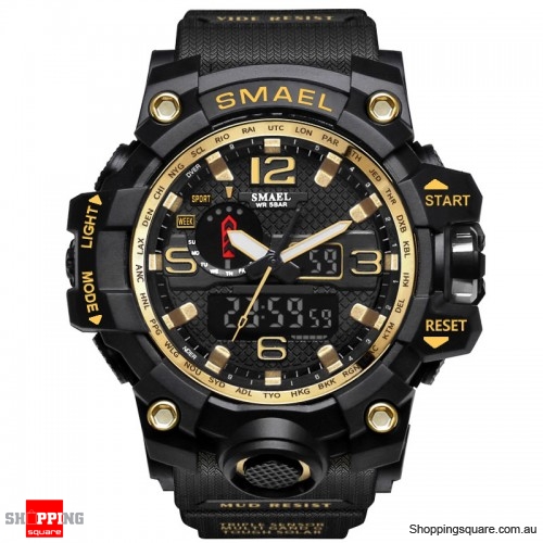 Waterproof Digital Watch Band Dual Display Sport Analog Quartz Watch - Gold