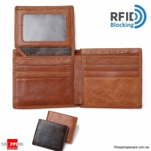 RFID Blocking Purse Genuine Leather Bifold Anti Theft Credit Card Wallet - Light Brown