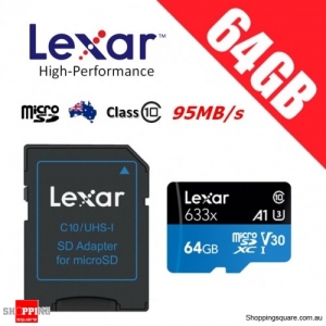 Lexar 64GB High Performance 633x microSDXC UHS-I U3 V30 A1 Memory Card + Adapter 95MB/s 