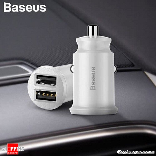 Baseus Mini Dual USB 3.1 Fast Charge Car Charger for Mobile Phone Tablet - White