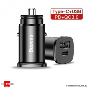 Baseus 30W Dual USB+Type-C PD Fast Charging QC 4.0 Car Charger - Black Colour