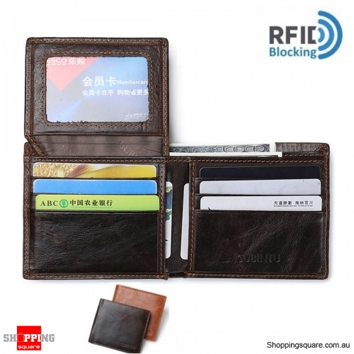 RFID Blocking Purse Genuine Leather Bifold Anti Theft Credit Card Wallet - Dark Brown