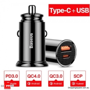 Baseus 30W Dual USB+Type-C PD Fast Charging QC 4.0 Car Charger - Black Colour