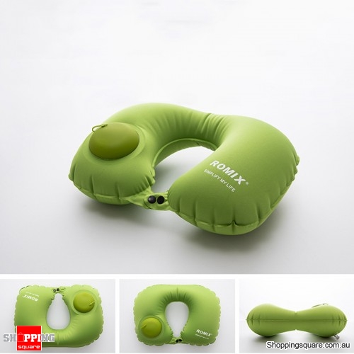 Portable Push Type Automatic Inflatable U-Shaped Pillow Neck Air Cushion Travel - Green