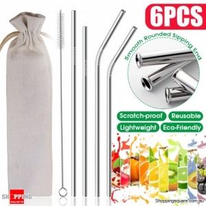 6pcs Stainless Steel Metal Drinking Straw Reusable Bar Cocktail Stirrer Eco Friendly Straws Set With Brush