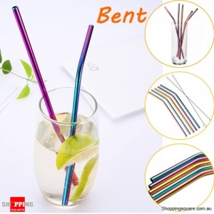 7PCS Reusable Premium Stainless Steel Metal Drinking Straw Set With Cleaner Brushes - Bent