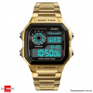 SKMEI 1335 Digital Watch Men Chronograph Alarm Watch Stainless Steel Watch - Gold