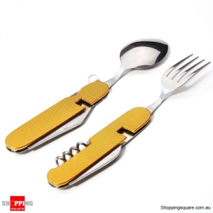 All In 1 Tableware Set Stainless Steel Folding Cutter Fork Spoon Cutlery Camping Picnic - Gold
