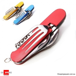 All In 1 Tableware Set Stainless Steel Folding Cutter Fork Spoon Cutlery Camping Picnic - Red