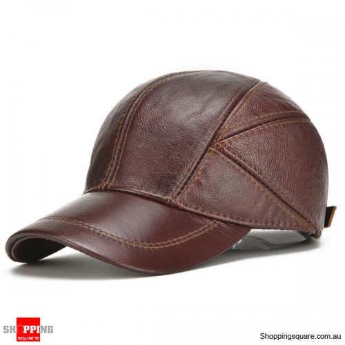 Genuine Leather Baseball Cap Earflap Windproof Outdoor Trucker Hats - Red Brown