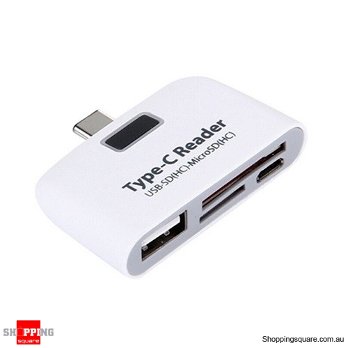 Type-C USB to USB 2.0 Hub SD Micro SD Card Reader Adapter for Type C device - White