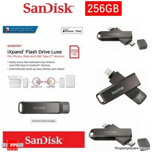 SanDisk iXpand Flash Drive Luxe 256GB 2-in-1 Lightning & USB Type-C connectors for iPhone and iPad