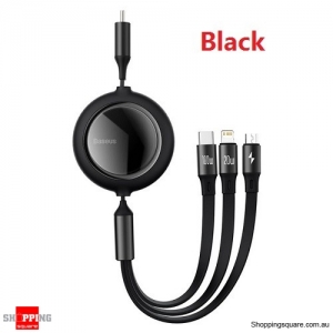 Baseus 100W Retractable 3 in 1 Type C Micro USB Cable Fast Charge For iPhone 12 Macbook Samsung - Black