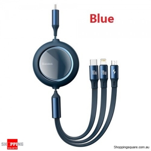 Baseus 100W Retractable 3 in 1 Type C Micro USB Cable Fast Charge For iPhone 12 Macbook Samsung - Blue