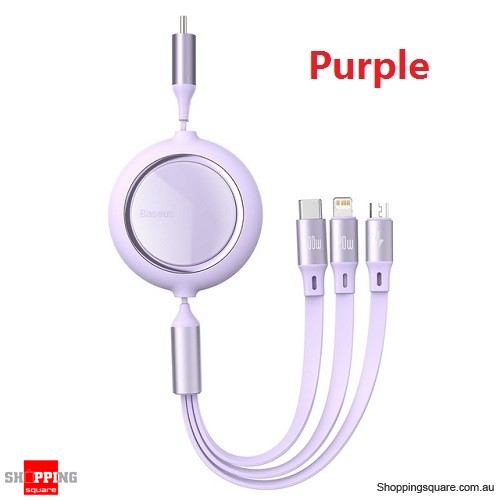 Baseus 100W Retractable 3 in 1 Type C Micro USB Cable Fast Charge For iPhone 12 Macbook Samsung - Purple