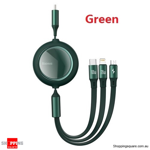 Baseus 100W Retractable 3 in 1 Type C Micro USB Cable Fast Charge For iPhone 12 Macbook Samsung - Green
