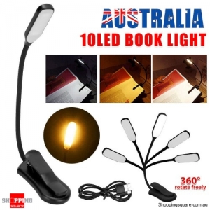 10 LED Book Reading Light Clip on Bed USB Rechargeable Brightness Bedside Lamp