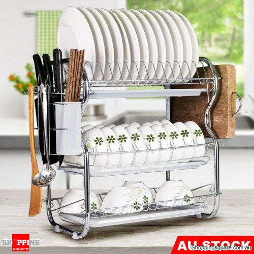 3 Tier Kitchen Dish Rack Stainless Steel Cup Drying Drainer Tray Cutlery Holder