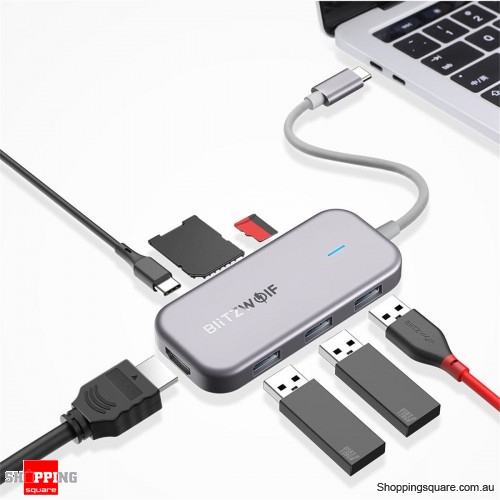 BlitzWolf BW-TH5 7 in 1 USB-C Data Hub with 3-Port USB 3.0 TF Card Reader USB-C PD Charging 4K Display USB Hub