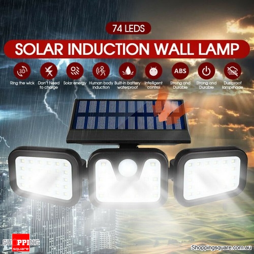 74LEDs 3 Head Solar Motion Sensor Light Outdoor Garden Wall Security Flood Lamp