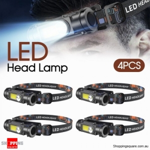 4Pcs Head Torch LED Headlight COB Camping Headlamp USB Rechargeable Flashlight
