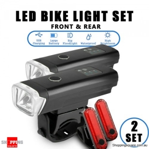 2x LED Bike Light Waterproof Rechargeable USB Cycle Front Back Headlight